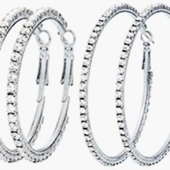 Two Pair Silver Hoop with Rhinestones Earrings, BLING 2.5” & 2.75” - Picture 2 of 7